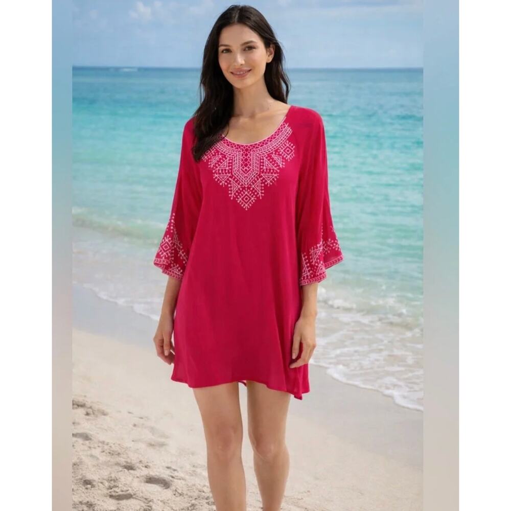Monoreno Womens S Pink White Embroidered Boho Swim Coverup Tunic Beach Top